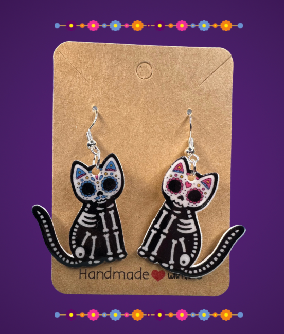 Colorful Día de los Muertos Earrings – Animal Sugar Skull Jewelry, Mexican Fiesta Jewelry, Calavera